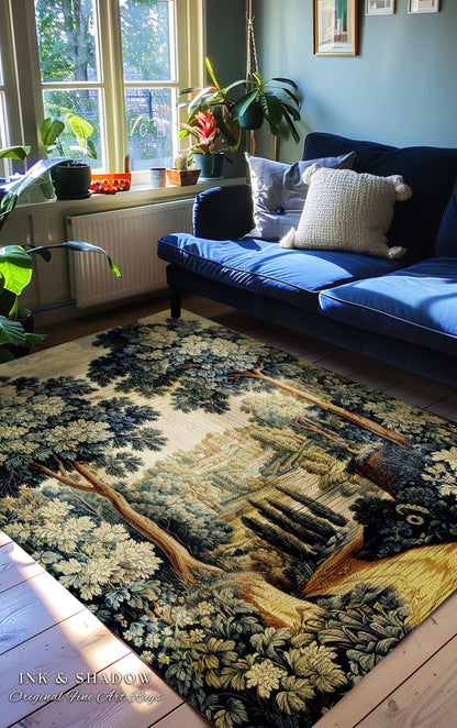 Verdure Landscape Woodland Manor River Valley Rug | Vintage Pastoral Antique Style European Countryside Classic Cottage Floor Art Accent Mat
