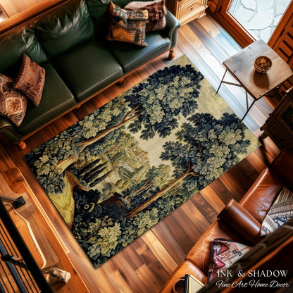 Verdure Landscape Woodland Manor River Valley Rug | Vintage Pastoral Antique Style European Countryside Classic Cottage Floor Art Accent Mat
