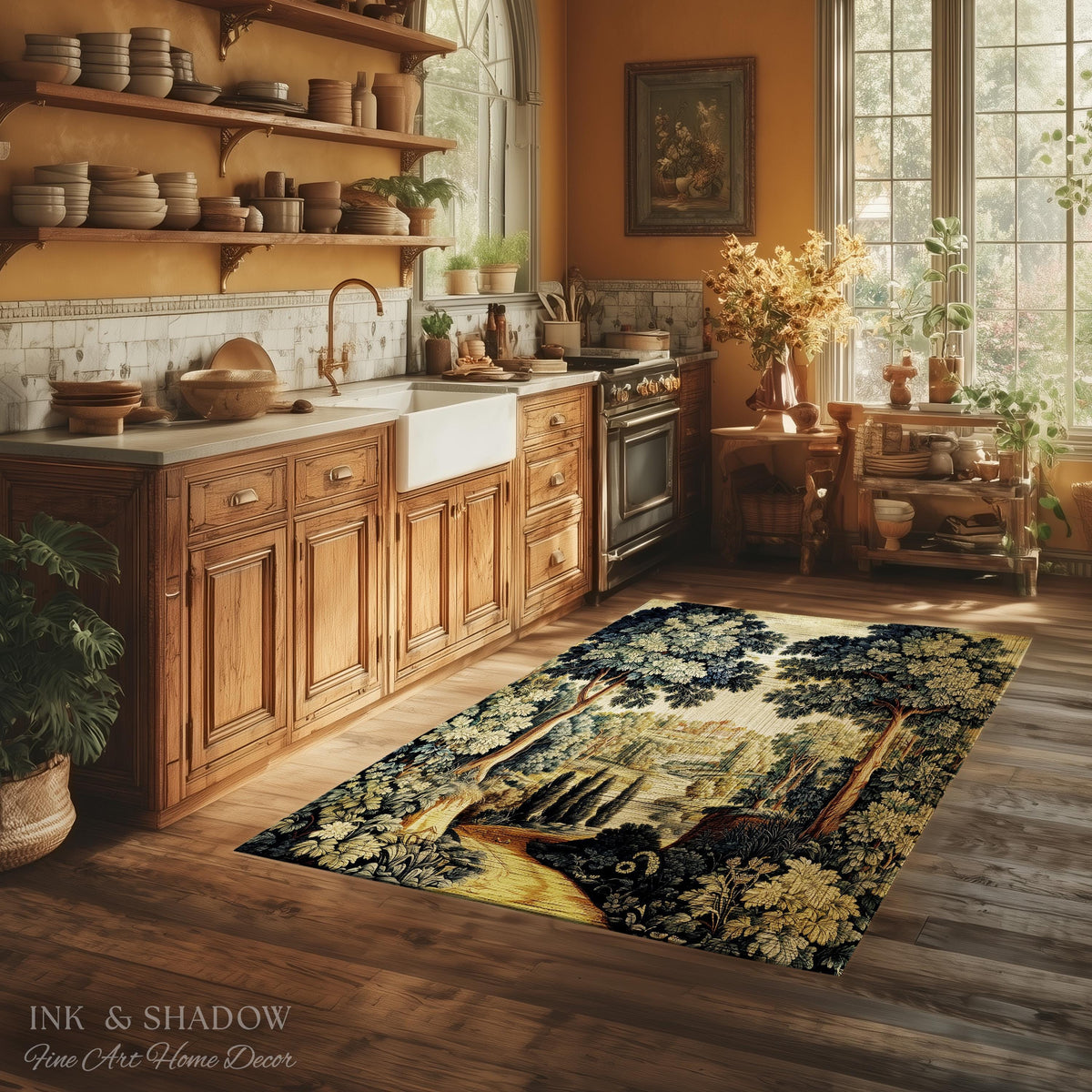 Verdure Landscape Woodland Manor River Valley Rug | Vintage Pastoral Antique Style European Countryside Classic Cottage Floor Art Accent Mat