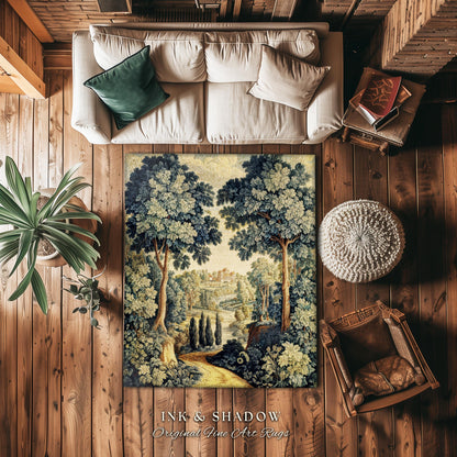 Verdure Landscape Woodland Manor River Valley Rug | Vintage Pastoral Antique Style European Countryside Classic Cottage Floor Art Accent Mat