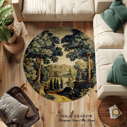 Verdure Landscape Woodland Manor River Valley Rug | Vintage Pastoral Antique Style European Countryside Classic Cottage Floor Art Accent Mat