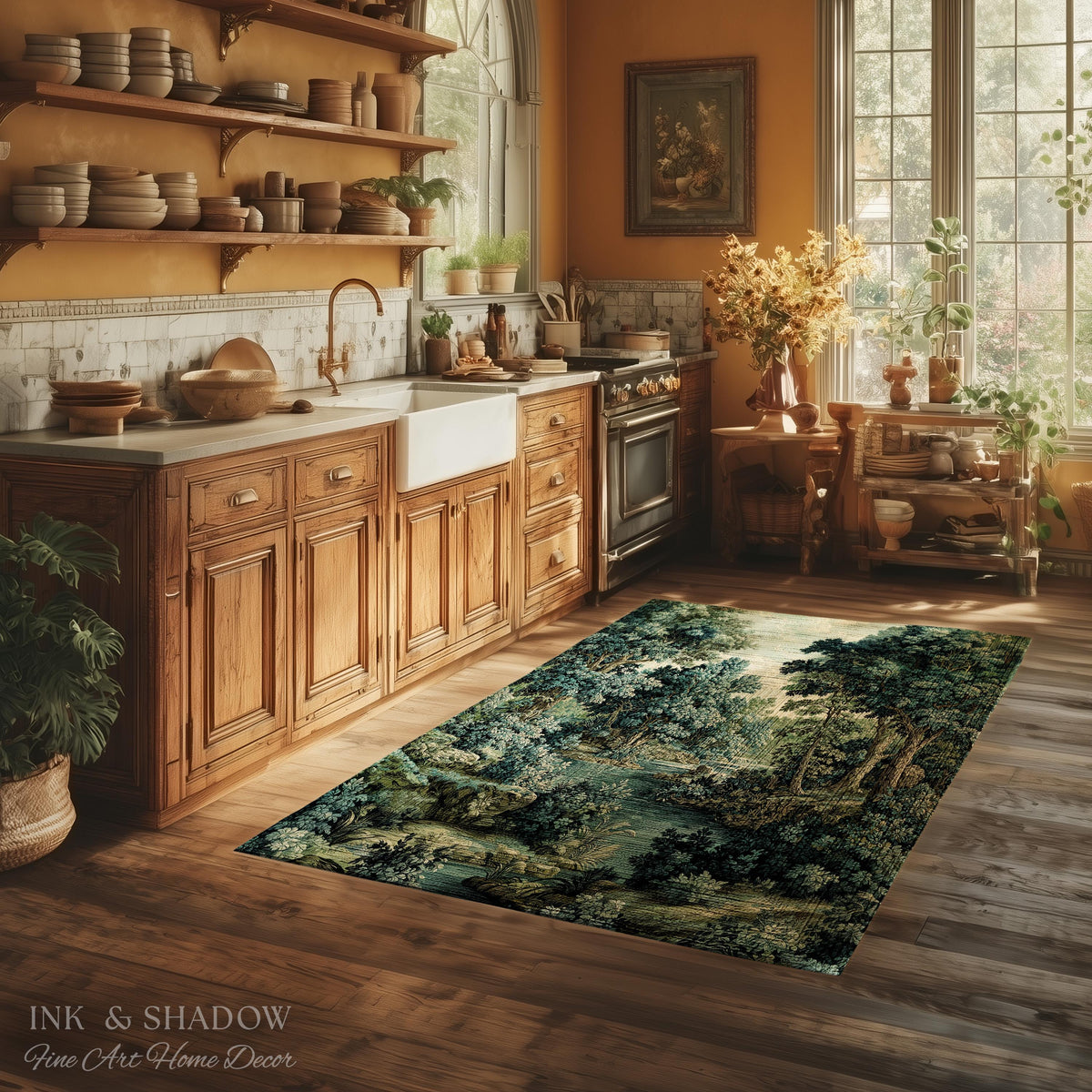 Old World Forest Romantic Woodland River Scene Runner Rug | Rustic Elegance Lush Landscape Hallway Floor Mat Timeless Tranquil Home Decor