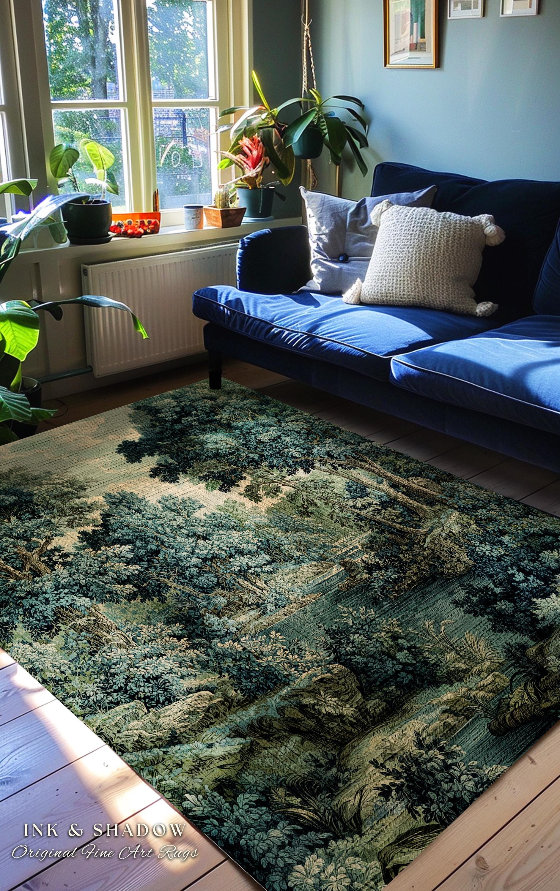 Old World Forest Romantic Woodland River Scene Runner Rug | Rustic Elegance Lush Landscape Hallway Floor Mat Timeless Tranquil Home Decor