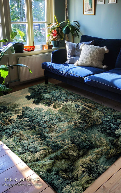 Old World Forest Romantic Woodland River Scene Runner Rug | Rustic Elegance Lush Landscape Hallway Floor Mat Timeless Tranquil Home Decor