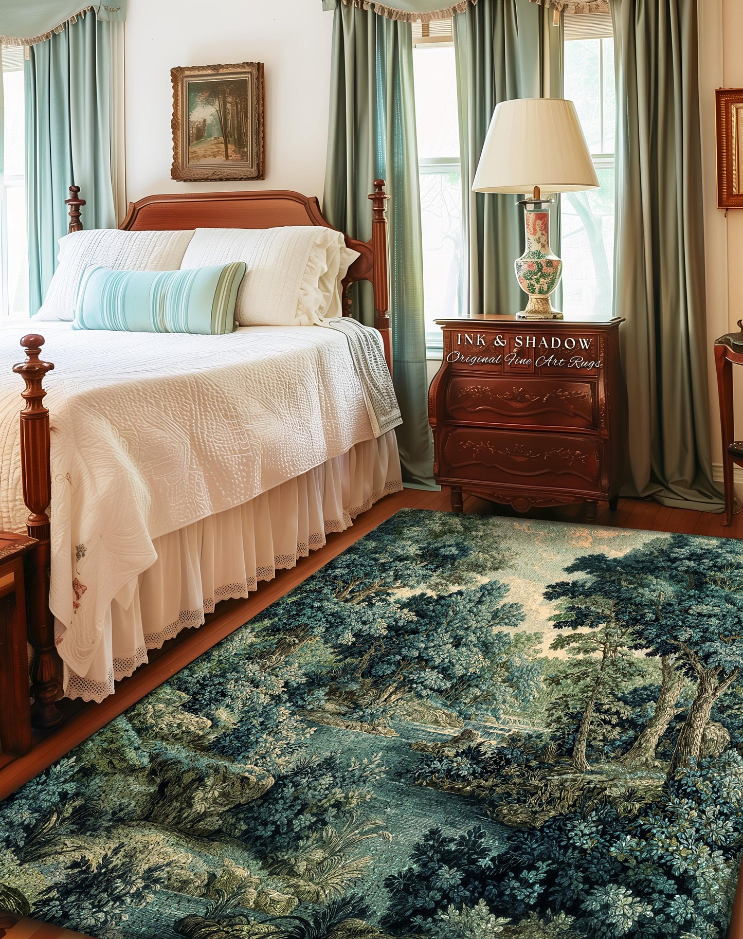 Old World Forest Romantic Woodland River Scene Runner Rug | Rustic Elegance Lush Landscape Hallway Floor Mat Timeless Tranquil Home Decor