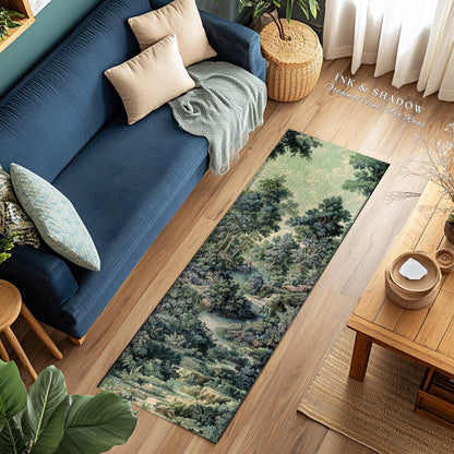 Old World Forest Romantic Woodland River Scene Runner Rug | Rustic Elegance Lush Landscape Hallway Floor Mat Timeless Tranquil Home Decor