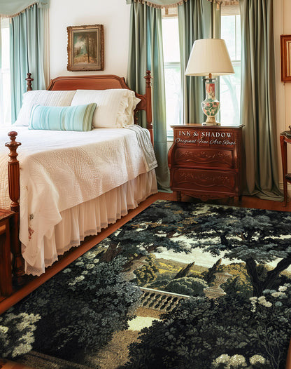Classical Elegance Verdure Terrace Landscape European Estate Vista Rug | French Chateau Garden Floor Art Mat Traditional Historic Home Decor