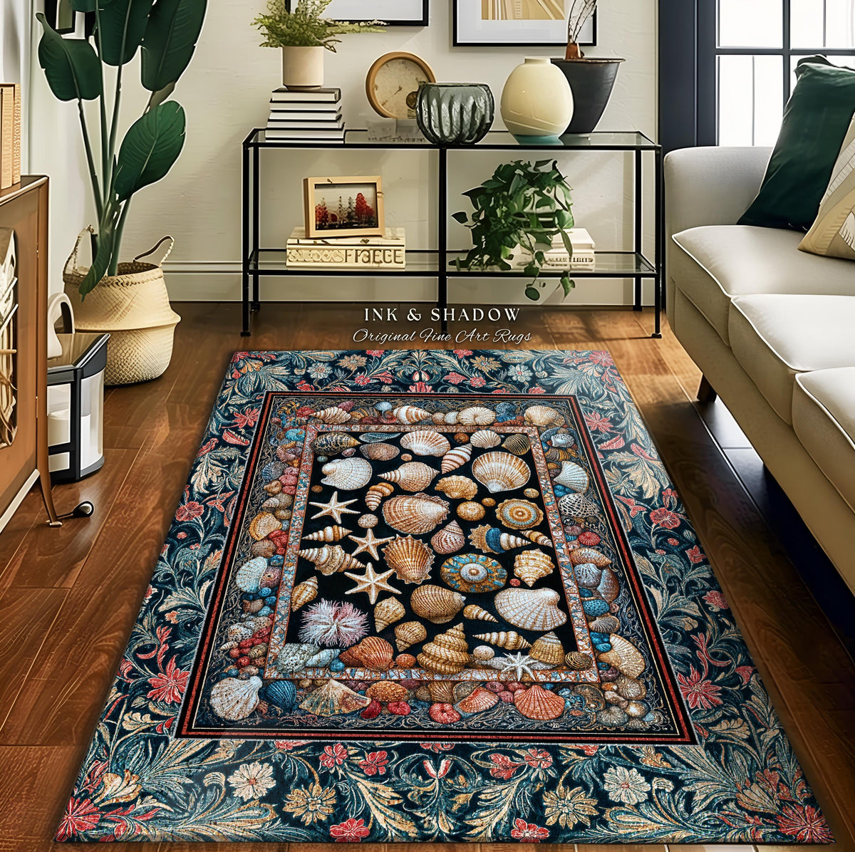 May include: A rectangular rug with a seashell design. The center features a black background with various seashells and starfish. The border has a floral pattern in shades of blue, red, and green. The rug is placed on a wooden floor.