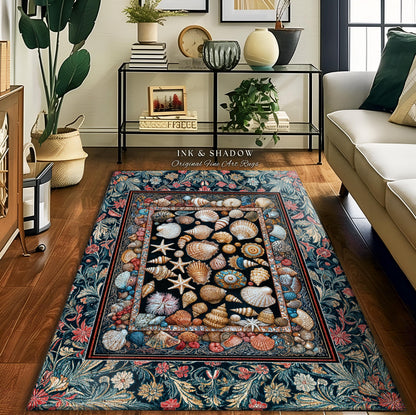 May include: A rectangular rug with a seashell design. The center features a black background with various seashells and starfish. The border has a floral pattern in shades of blue, red, and green. The rug is placed on a wooden floor.