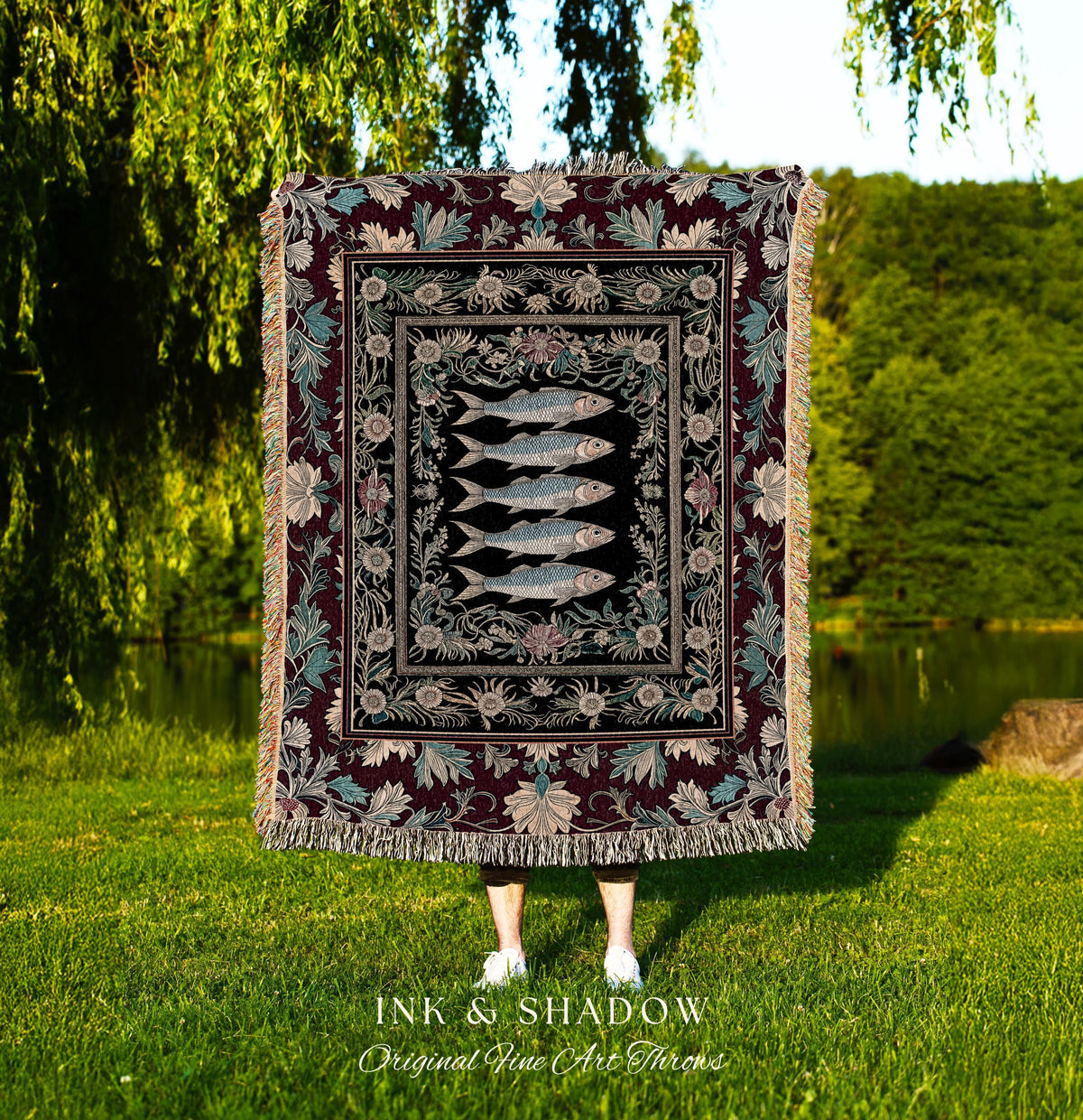 Eclectic Sardine Art Tapestry Blanket | Jacquard Woven Throw Whimsical Coastal Design Maximalist Marine Art Ocean-Inspired Beach House Decor