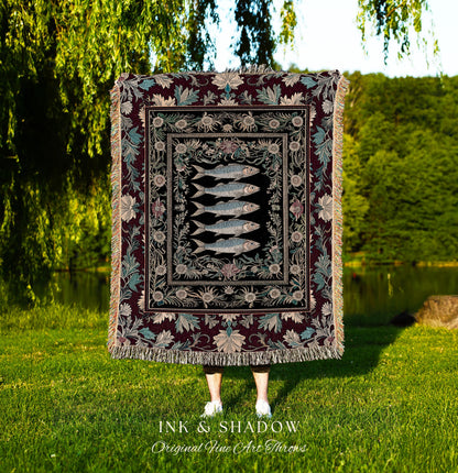 Eclectic Sardine Art Tapestry Blanket | Jacquard Woven Throw Whimsical Coastal Design Maximalist Marine Art Ocean-Inspired Beach House Decor