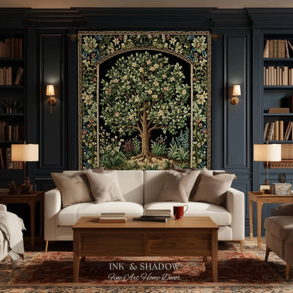Tree Of Life Woven Blanket | William Morris Inspired Throw Botanical Tapestry Medieval Aesthetic Nordic Tapestry Renaissance Room Decor |