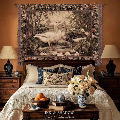 Storybook Bamboo Pond Goose Tapestry Woven Wall Art | Botanical Waterlily Landscape Old World Throw Blanket Classic Bird Lover Textile Decor