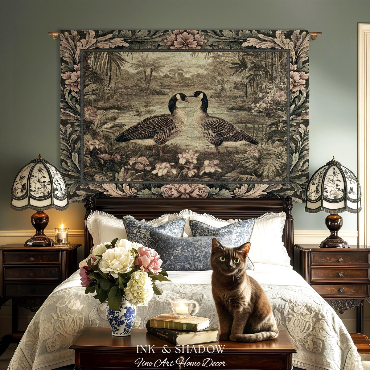 Misty Lake Moody Landscape Heritage Floral Geese Woven Wall Art | Quiet Elegance Foggy Nature Botanical Bird Tapestry Timeless Throw Blanket