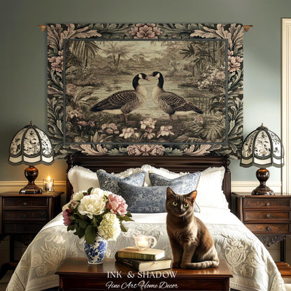 Misty Lake Moody Landscape Heritage Floral Geese Woven Wall Art | Quiet Elegance Foggy Nature Botanical Bird Tapestry Timeless Throw Blanket