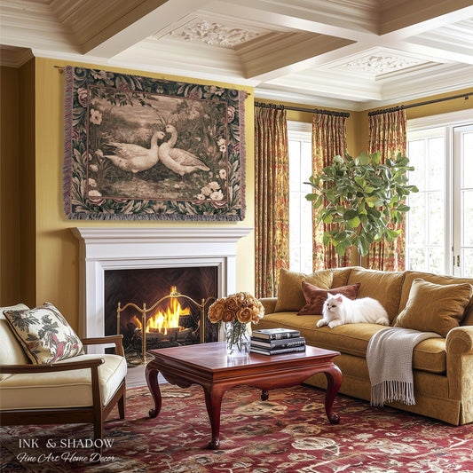 Serene Waters Rural Landscape White Goose Decor Tapestry | Whimsical Nature Throw Blanket Cottagecore Floral Wetland Birds Woven Wall Art