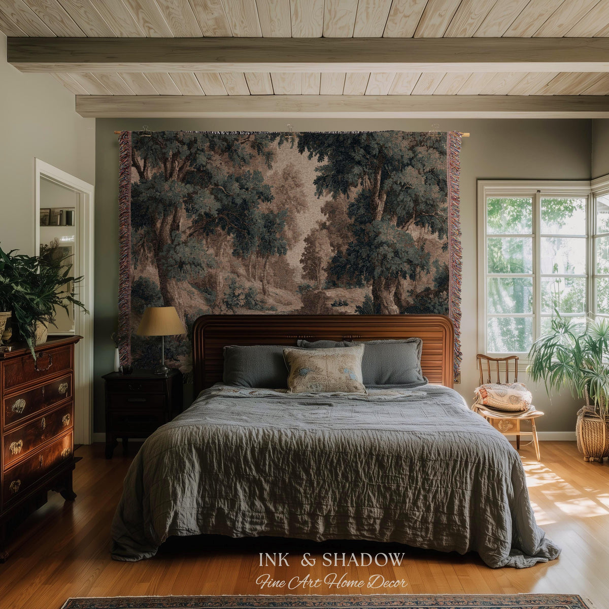 Rustic Landscape Forest River Art Woven Tapestry Throw | European Vintage Verdure Woodland Wall Decor French Jacquard Peaceful Nature Scene