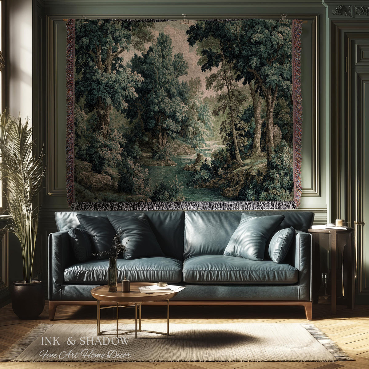 Old World Forest Romantic Woodland River Scene Tapestry | Rustic Elegance Lush Landscape Woven Throw Wall Art Timeless Tranquil Home Decor
