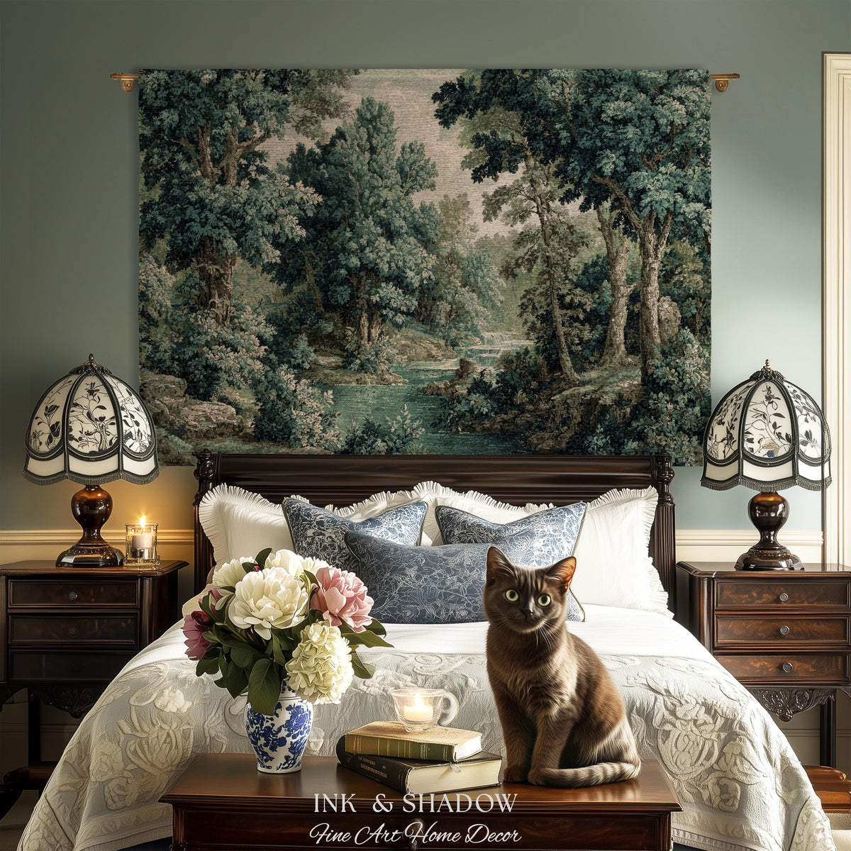 Old World Forest Romantic Woodland River Scene Tapestry | Rustic Elegance Lush Landscape Woven Throw Wall Art Timeless Tranquil Home Decor