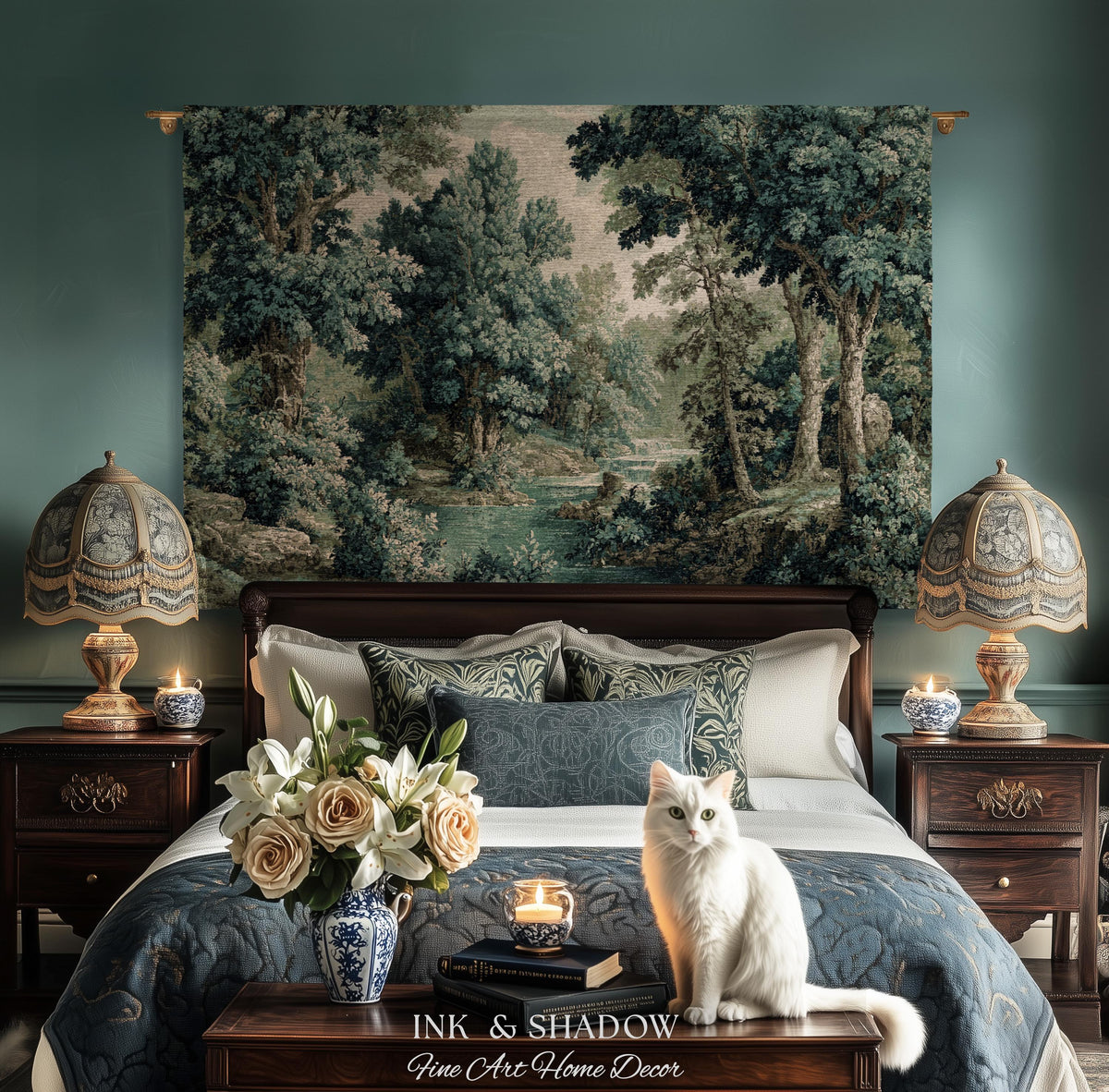 Old World Forest Romantic Woodland River Scene Tapestry | Rustic Elegance Lush Landscape Woven Throw Wall Art Timeless Tranquil Home Decor