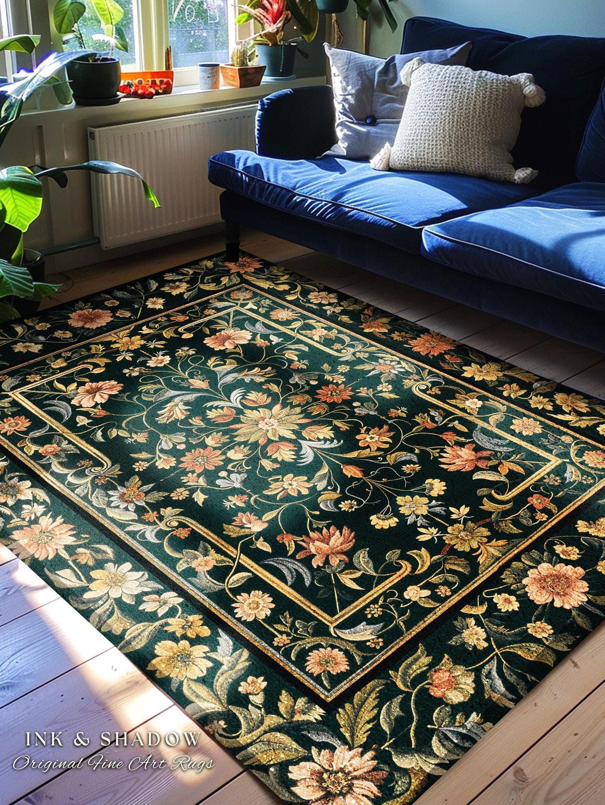 Dark Floral Living Room Rug | Wildflower Aesthetic Ornate Gothic Home Decor Rustic Boho Housewarming Gift Dark Academia Bedroom Folklore Art