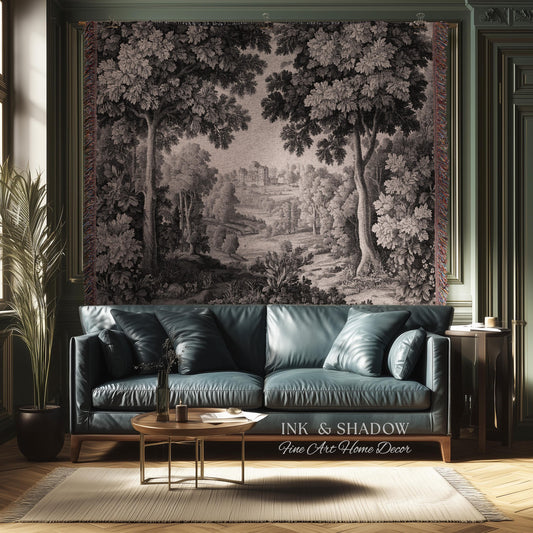 Traditional Black and White Estate Landscape Tapestry Wall Art | Rolling Hills Manor Countryside Woodland Vista Woven Textile Pastoral Decor