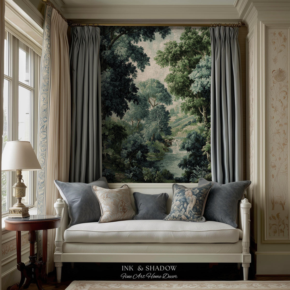Verdant Forest Stream Landscape Woven Tapestry Wall Art | Romantic Woodland Waterway Scenic Verdure Nature Textile Traditional Home Decor