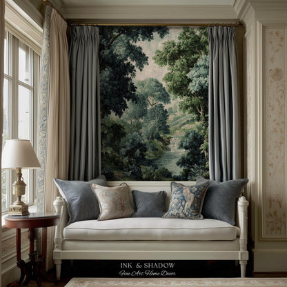 Verdant Forest Stream Landscape Woven Tapestry Wall Art | Romantic Woodland Waterway Scenic Verdure Nature Textile Traditional Home Decor