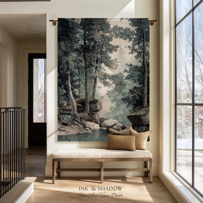 Serene Misty Evergreen Woodland Waterscape Tapestry Wall Hanging | Foggy Forest Pool Rocky River Scene Rustic Elegance Timeless Woven Art