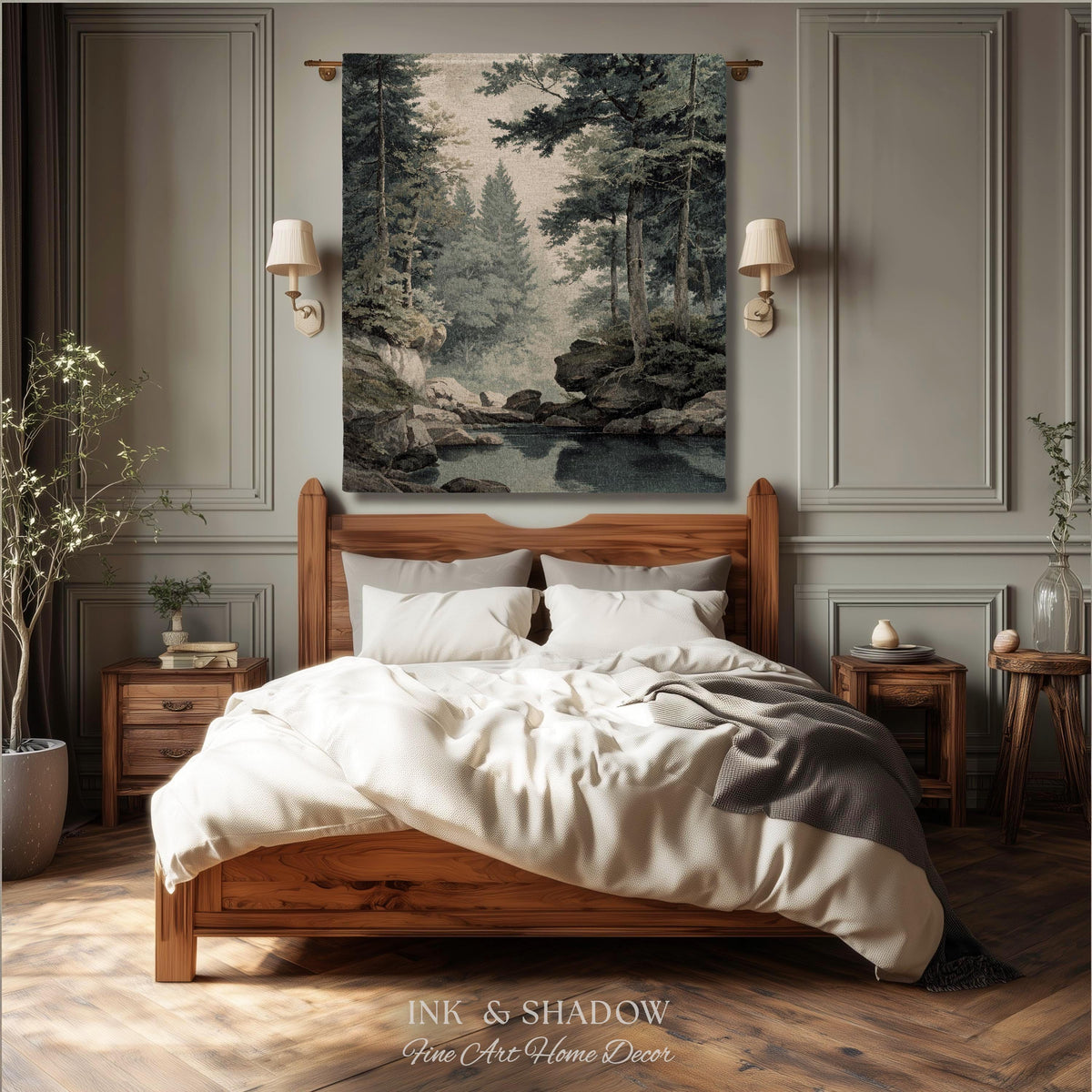 Misty Pine Forest Pool Landscape Woven Tapestry Wall Hanging | Rocky Woodland River Scene Traditional Nature Textile Old World Heritage Art