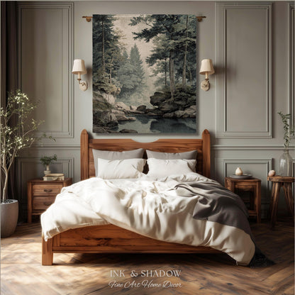 Misty Pine Forest Pool Landscape Woven Tapestry Wall Hanging | Rocky Woodland River Scene Traditional Nature Textile Old World Heritage Art