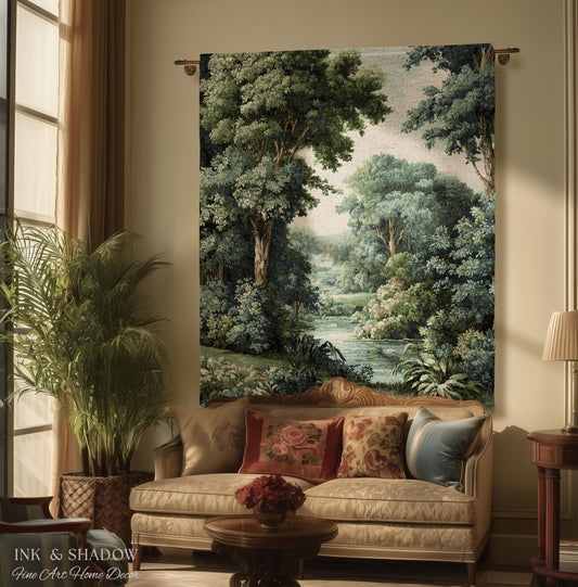 Lush Waterway Botanical Woodland Tapestry Wall Hanging | Forest Stream Landscape Tranquil Verdure Woven Textile Scenic Classical Home Decor