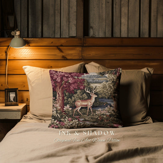 May include: A decorative pillow with a woven tapestry design featuring a deer standing in a forest scene. The pillow has a beige background with a brown border and the text "INK & SHADOW Original Fine Art Woven Pillow" printed on the bottom.