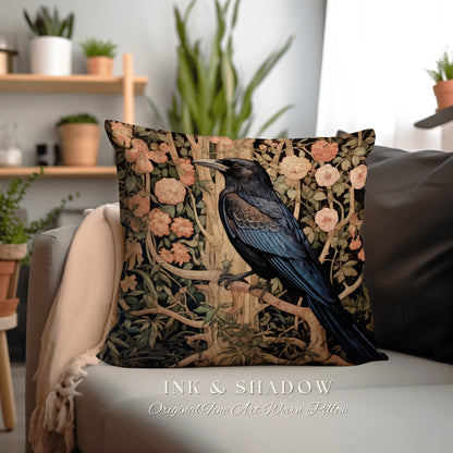 May include: A decorative throw pillow with a woven design featuring a black crow perched on a branch with pink flowers and green leaves. The pillow has the text "INK & SHADOW Original Fine Art Woven Pillow" printed on the bottom.