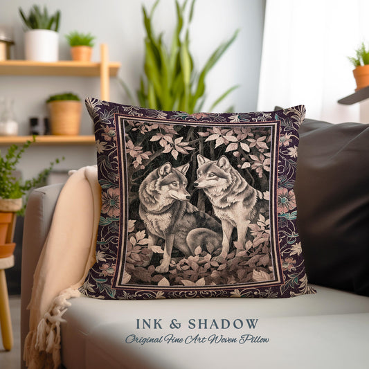 May include: A decorative pillow featuring a tapestry-style design of two wolves in a forest setting. The pillow has a dark purple background with intricate floral details and the text "INK & SHADOW Original Fine Art Woven Pillow".
