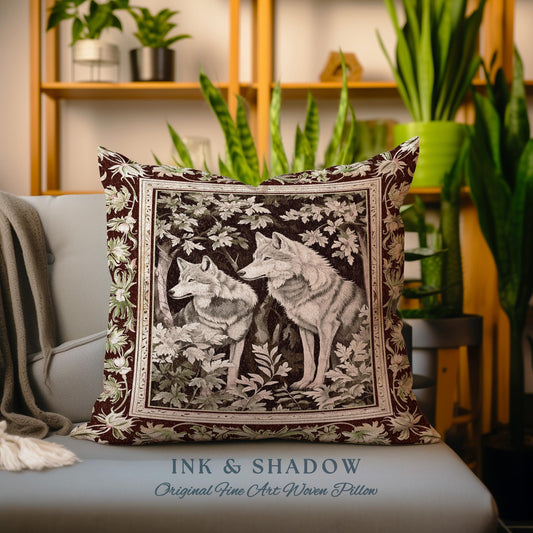 May include: Square decorative pillow with a woven design featuring two wolves in a forest setting. The pillow has a dark burgundy border with floral accents and the text "INK & SHADOW Original Fine Art Woven Pillow".