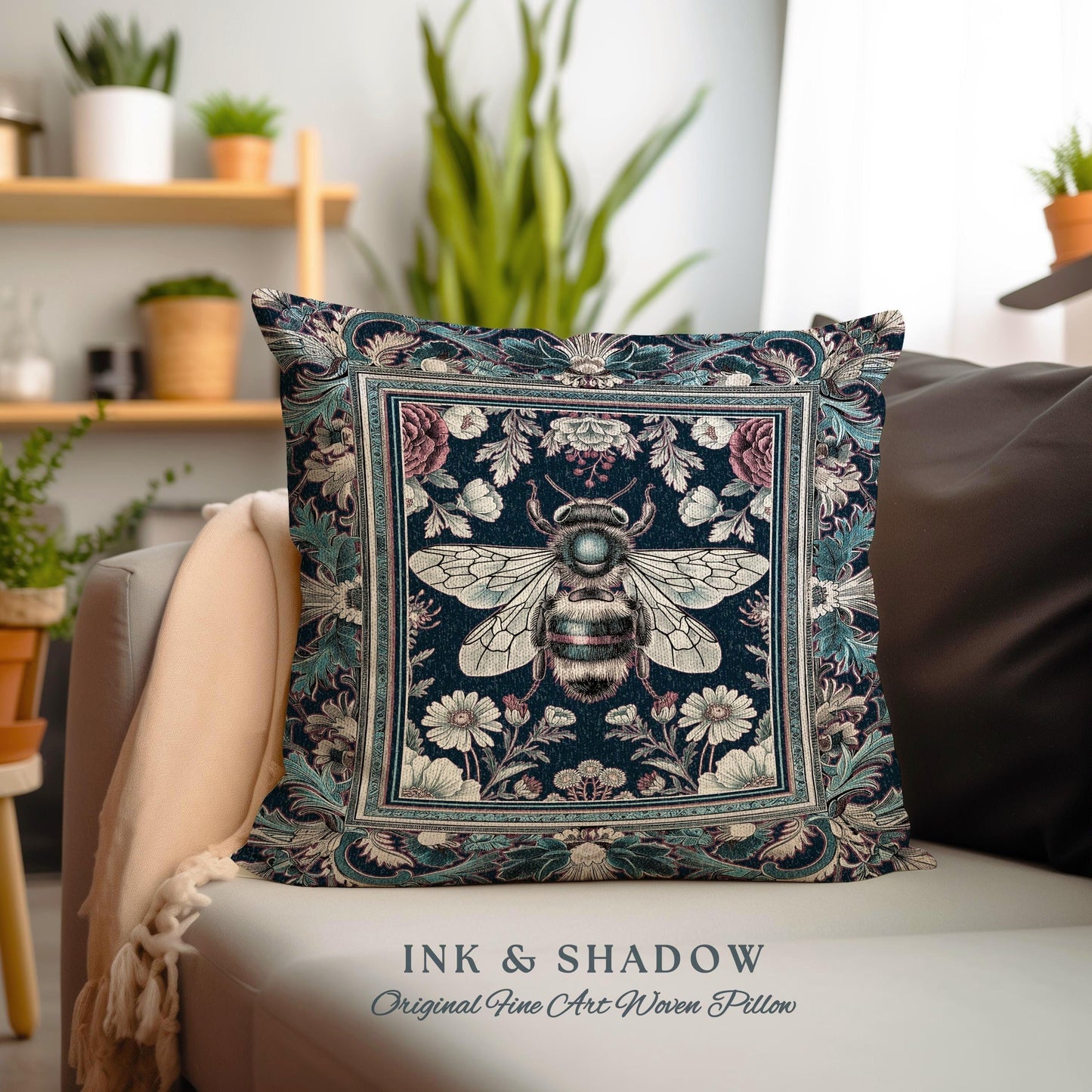 Bohemian Botanical Bee Pillow Dark Floral Whimsigoth Tapestry Cushion | Eclectic Boho Chic Wildflower Witchy Cottagecore Moody Nature Accent