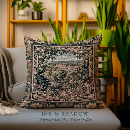 May include: A square decorative pillow with a woven tapestry design. The pillow features a detailed landscape scene with trees, a castle, and a border of flowers and foliage. The text "INK & SHADOW Original Fine Art Woven Pillow" is printed at the bottom.