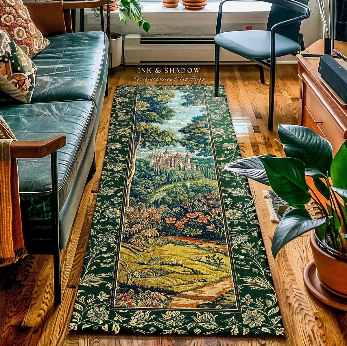 May include: A rectangular green rug with a detailed landscape scene featuring a castle, trees, and a path. The rug has a dark green border with floral patterns and the text "INK & SHADOW Original Fine Art Rugs".