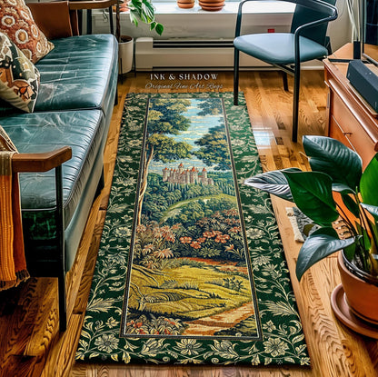 May include: A rectangular green rug with a detailed landscape scene featuring a castle, trees, and a path. The rug has a dark green border with floral patterns and the text "INK & SHADOW Original Fine Art Rugs".