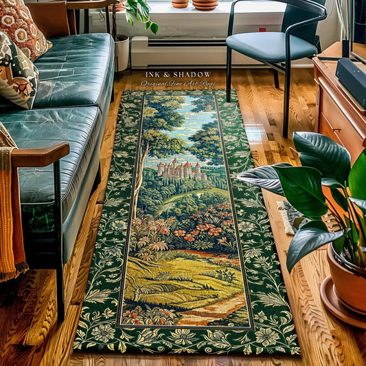 May include: A rectangular green rug with a detailed landscape scene featuring a castle, trees, and a path. The rug has a dark green border with floral patterns and the text "INK & SHADOW Original Fine Art Rugs".