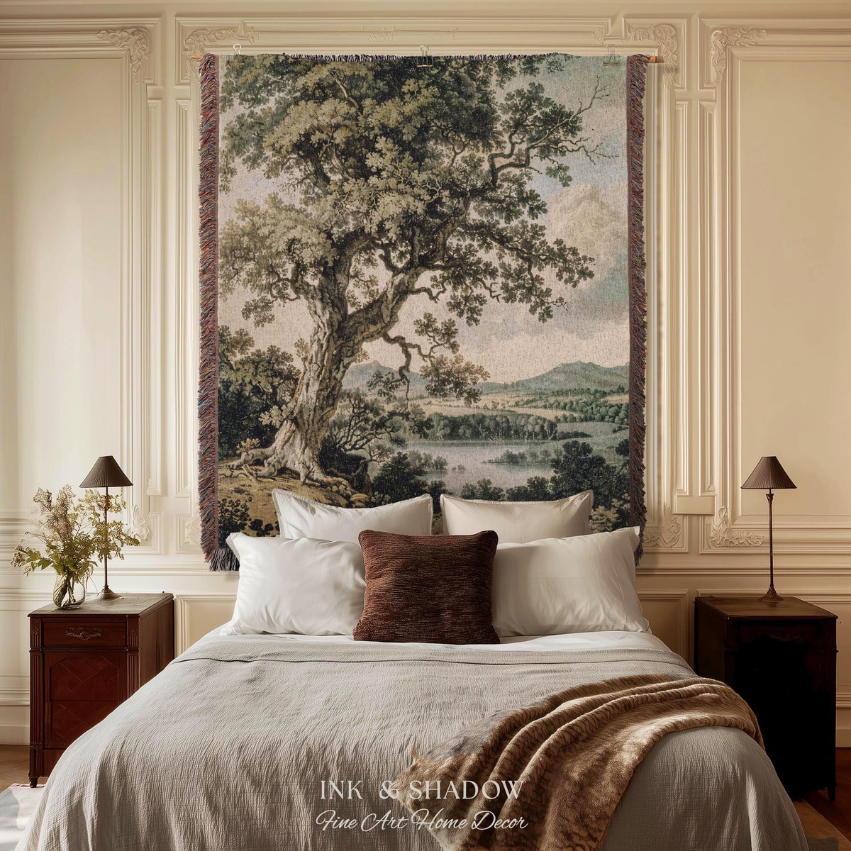 Timeless Oak River Valley Landscape Woven Tapestry Wall Art | Old World European Countryside Waterside Pastoral Heritage Home Textile Decor