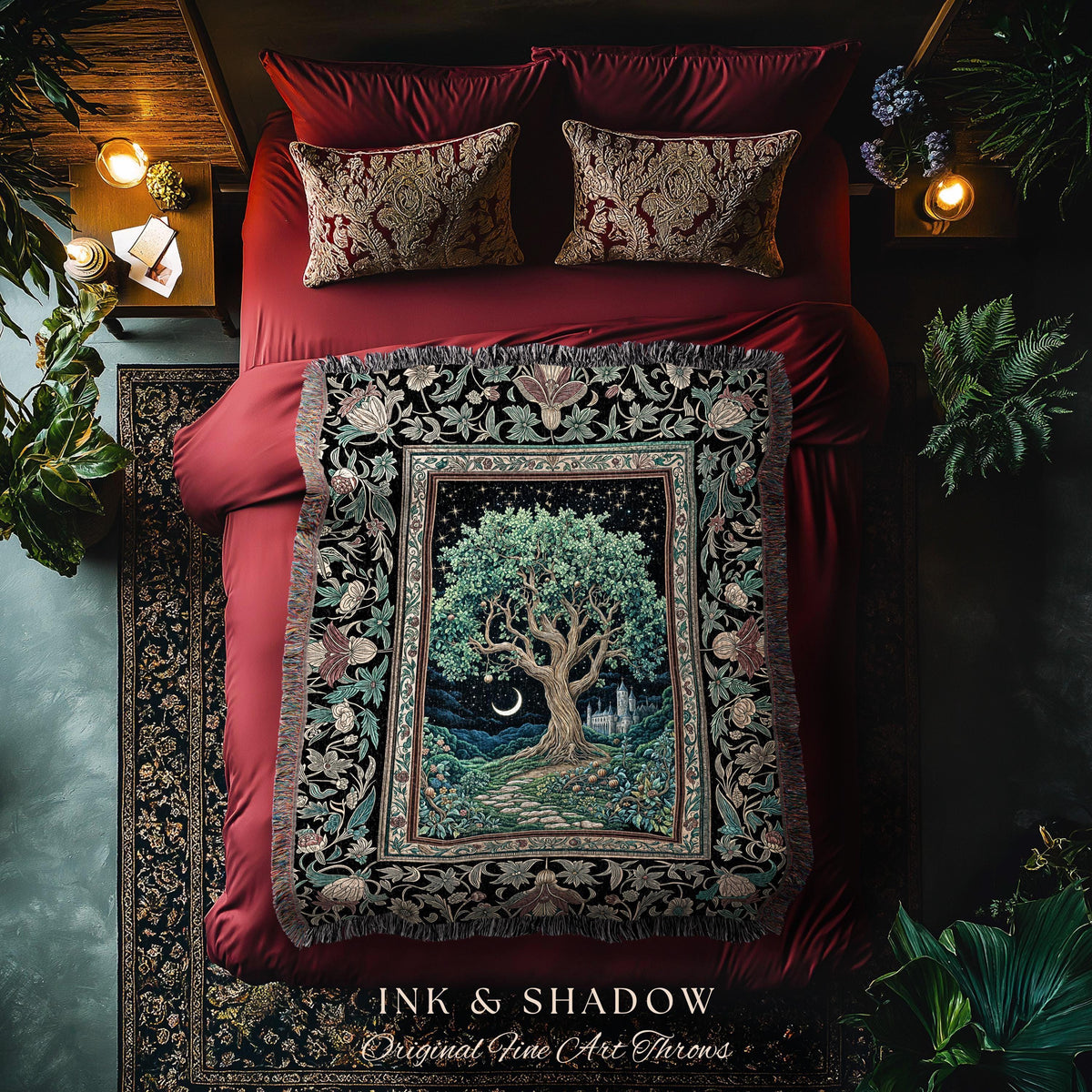 Fantasy Castle Tree of Life Throw Blanket | Celestial Moon Decor Star Garden Design Folklore Inspired Tapestry Enchanted Forest Medieval |