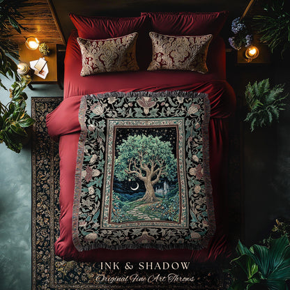 Fantasy Castle Tree of Life Throw Blanket | Celestial Moon Decor Star Garden Design Folklore Inspired Tapestry Enchanted Forest Medieval |