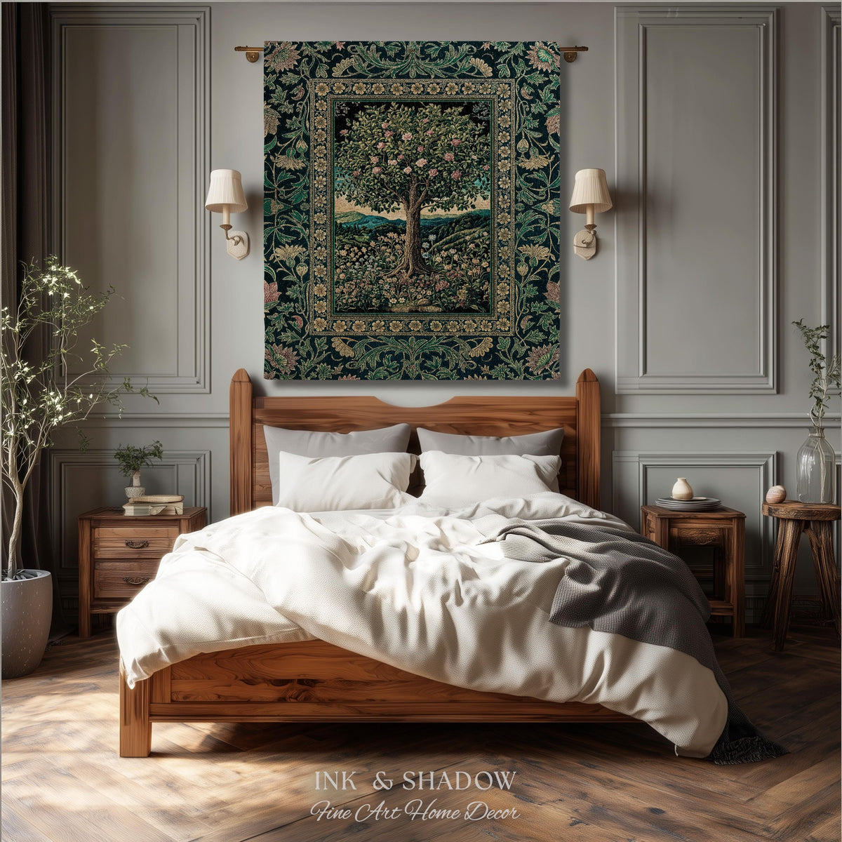 Countryside Sunset Tree of Life Blanket | Elegant Floral Landscape Wildflower Decor Nature Inspired Cottagecore Woven Tapestry Storybook |