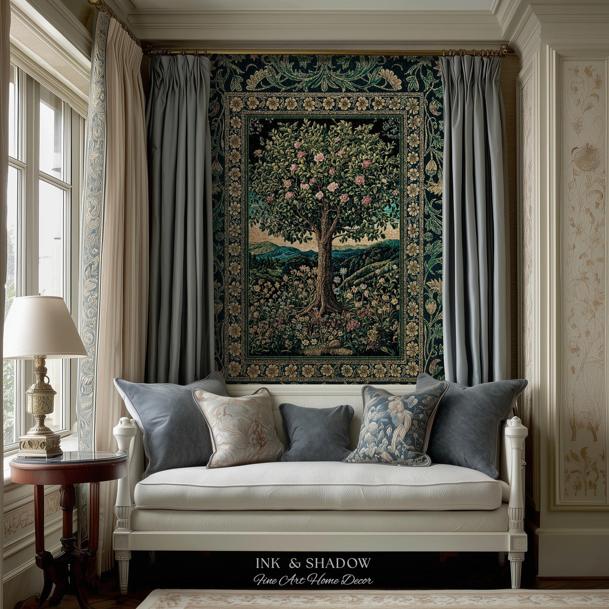 Countryside Sunset Tree of Life Blanket | Elegant Floral Landscape Wildflower Decor Nature Inspired Cottagecore Woven Tapestry Storybook |