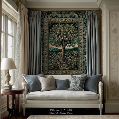 Countryside Sunset Tree of Life Blanket | Elegant Floral Landscape Wildflower Decor Nature Inspired Cottagecore Woven Tapestry Storybook |