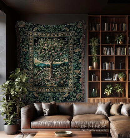 Countryside Sunset Tree of Life Blanket | Elegant Floral Landscape Wildflower Decor Nature Inspired Cottagecore Woven Tapestry Storybook |