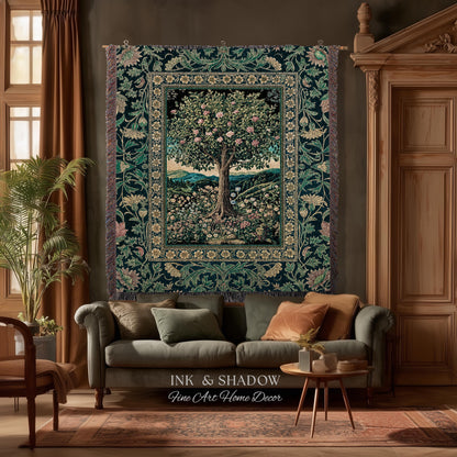 Countryside Sunset Tree of Life Blanket | Elegant Floral Landscape Wildflower Decor Nature Inspired Cottagecore Woven Tapestry Storybook |
