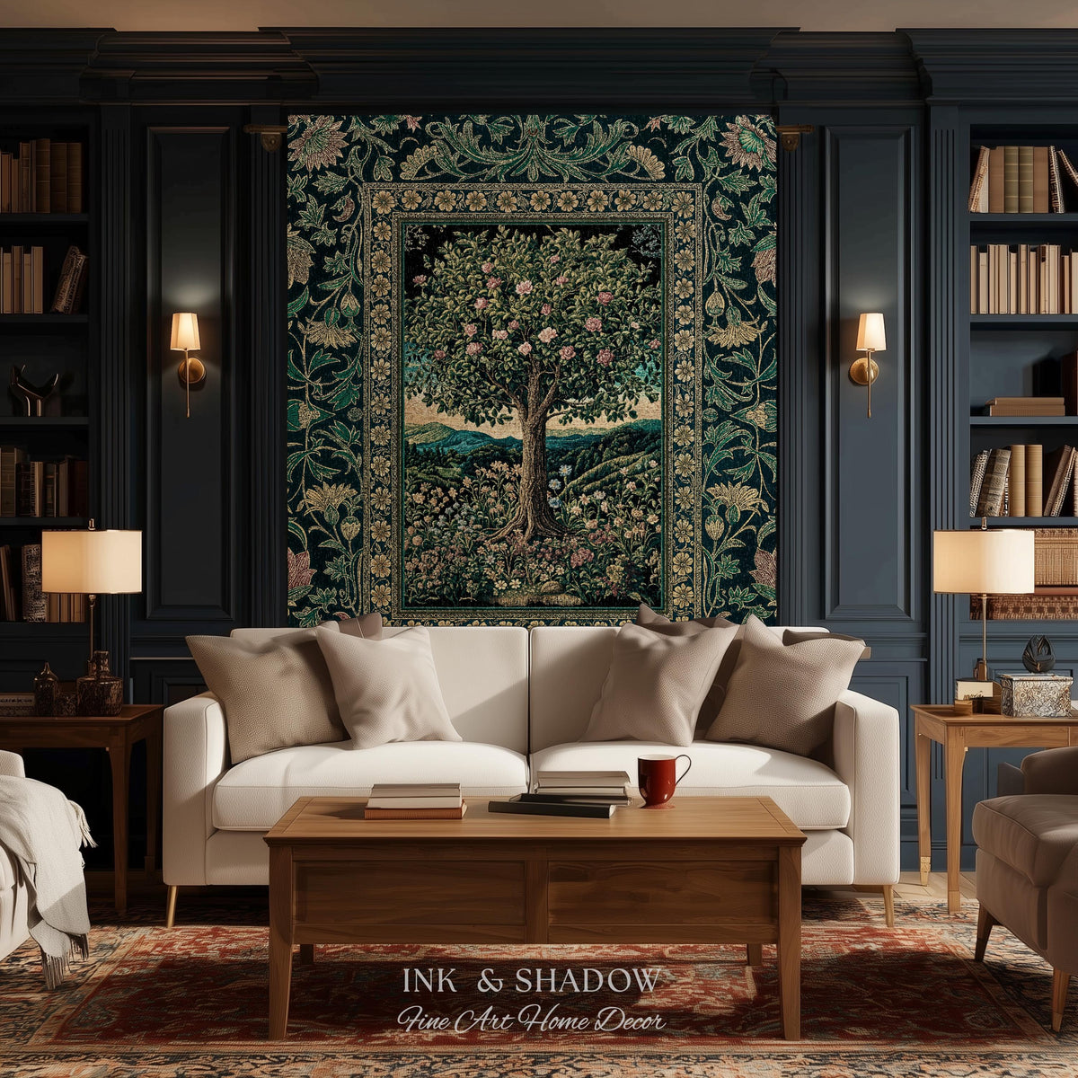 Countryside Sunset Tree of Life Blanket | Elegant Floral Landscape Wildflower Decor Nature Inspired Cottagecore Woven Tapestry Storybook |